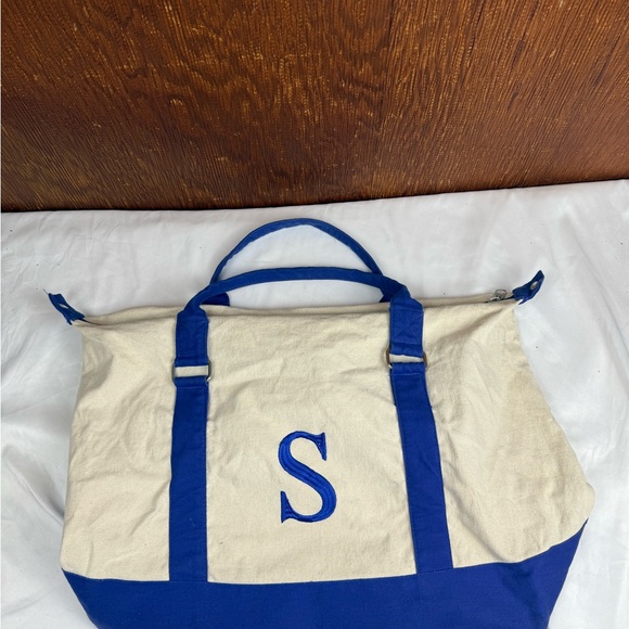Blue and Cream Canvas Tote Bag S letter Bag 20” by 15” - Picture 1 of 5